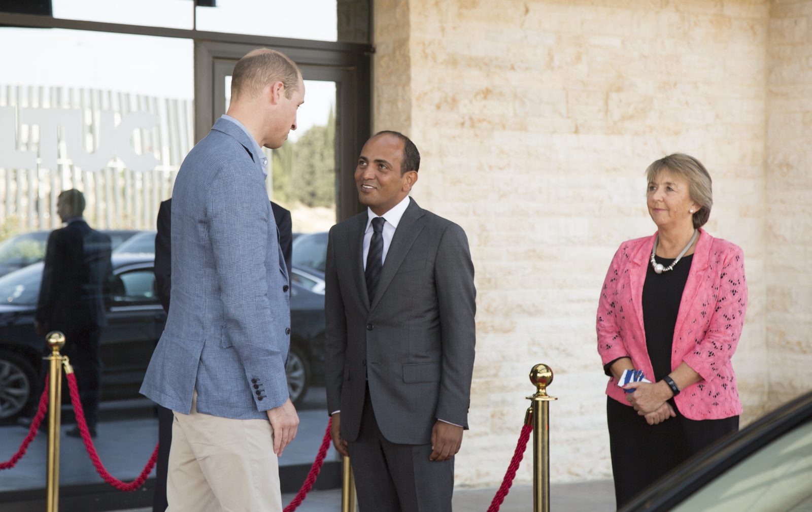 HRH Prince William greeted by Ibrahim AlSafadi at the entrance of Luminus, Amman